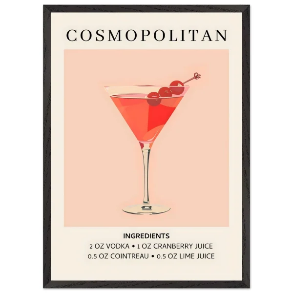 Artfulprints Poster met Lijst Cosmopolitan cocktail - Ingrediënten - 50x70 cm - Roze - 51Dnspod | Smaakvolle damp – Verzendkosten vrij vanaf 40€