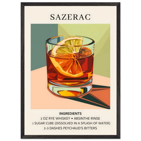 Artfulprints Poster met Lijst Sazerac cocktail - Ingrediënten - 50x70 cm - Meerkleurig - 51Dnspod | Smaakvolle damp – Verzendkosten vrij vanaf 40€