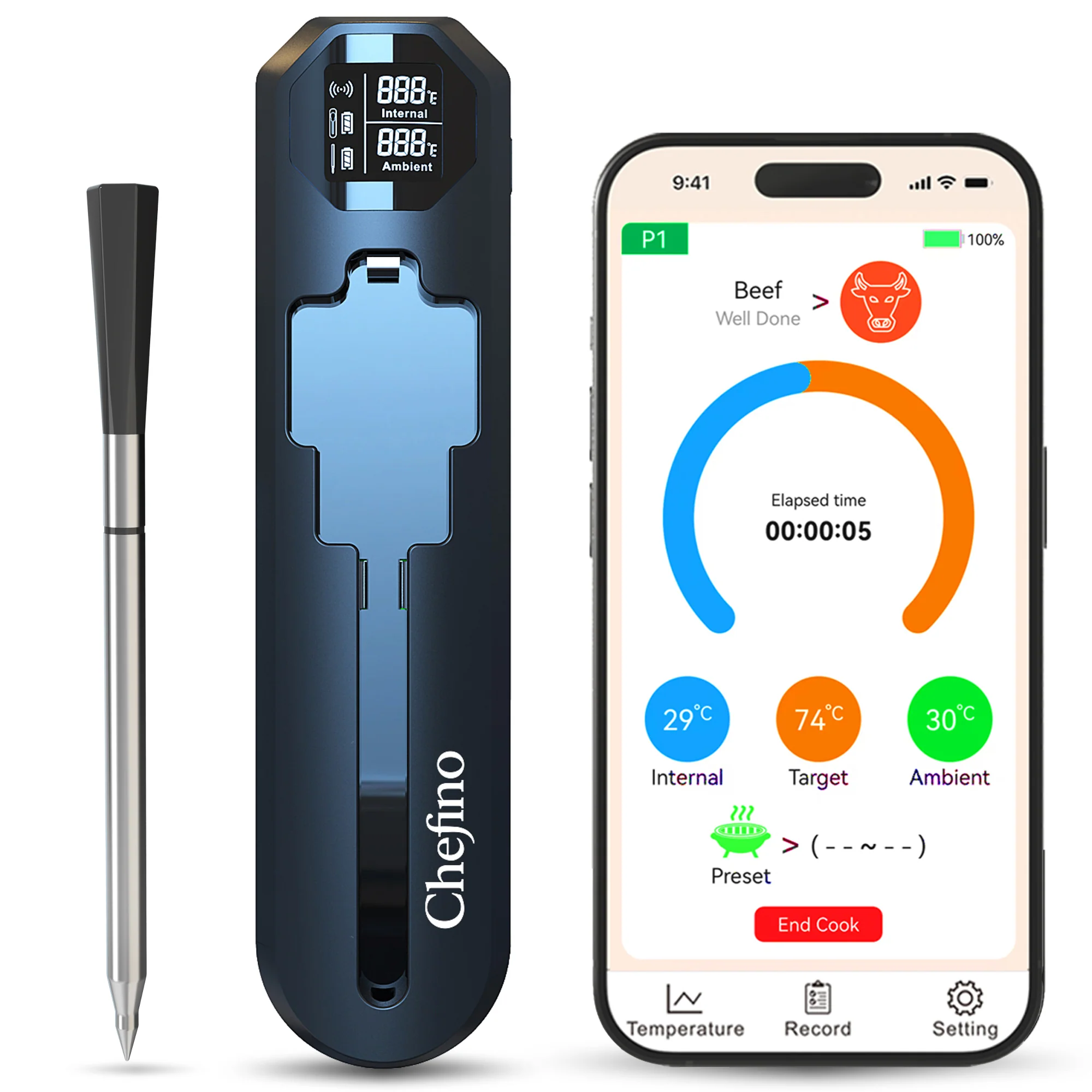 Chefino Slimme Draadloze Vleesthermometer – Bluetooth 5.3 BBQ Thermometer met App – Digitale Kernthermometer voor Grillen, Braden, Oven, Inductie en BBQ – Tot 250m Bereik - 51Dnspod | Smaakvo Chefino Slimme Draadloze Vleesthermometer – Bluetooth 5.3 BBQ Thermometer met App – Digitale Kernthermometer voor Grillen, Braden, Oven, Inductie en BBQ – Tot 250m Bereik - 51Dnspod | Smaakvo